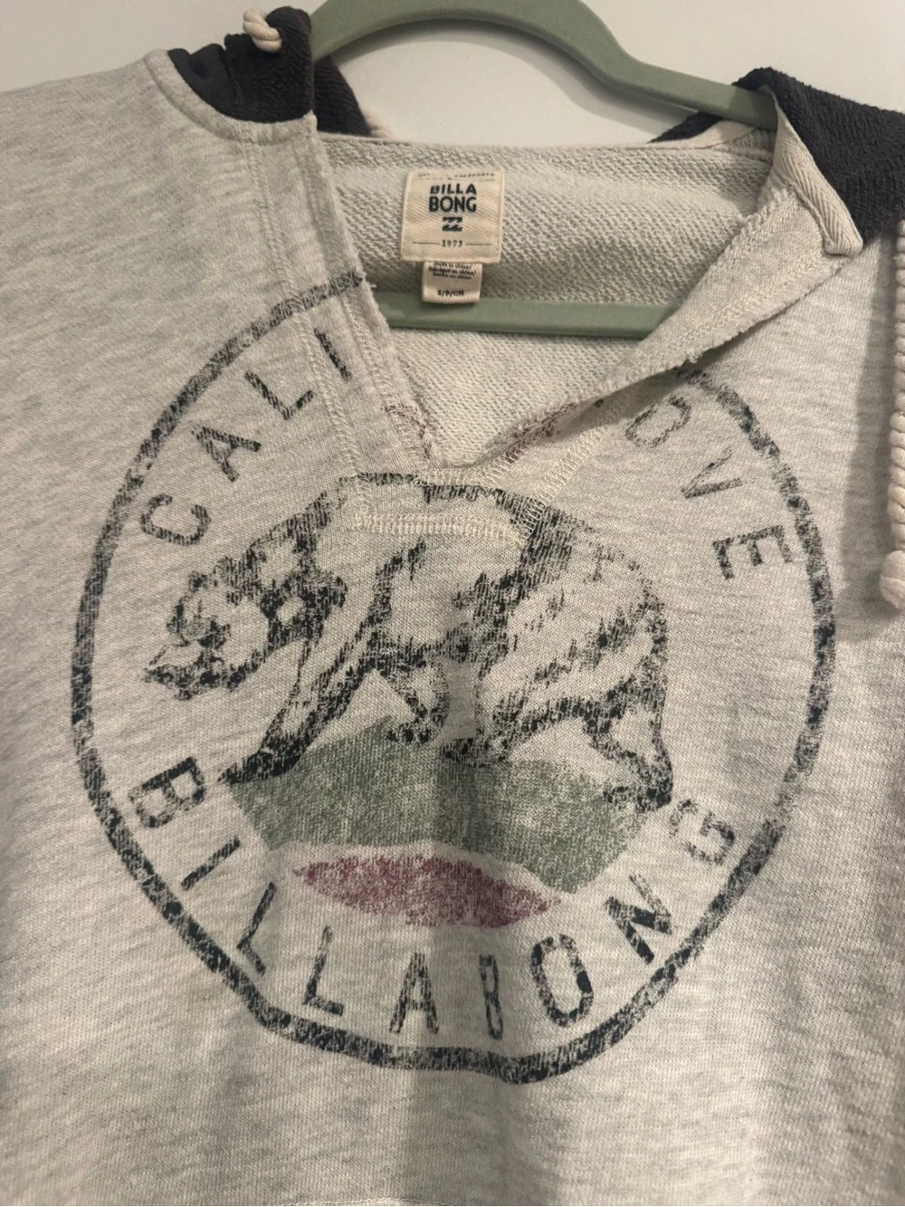 Billabong California Graphic Hoodie Gray Black Distressed Raw Hem Y2K Size S